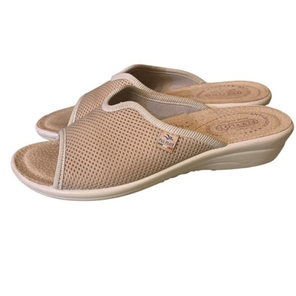 Fly Flot Ladies Size 40 US 9 Tan Fabric Mules Casual Rubber Comfort Slides Italy - Picture 2 of 12